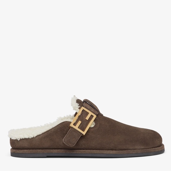 Fendi Feel Sabot Mules Brown Suede Sheepskin Women’s Size EU 39/US 9 - Picture 1 of 8